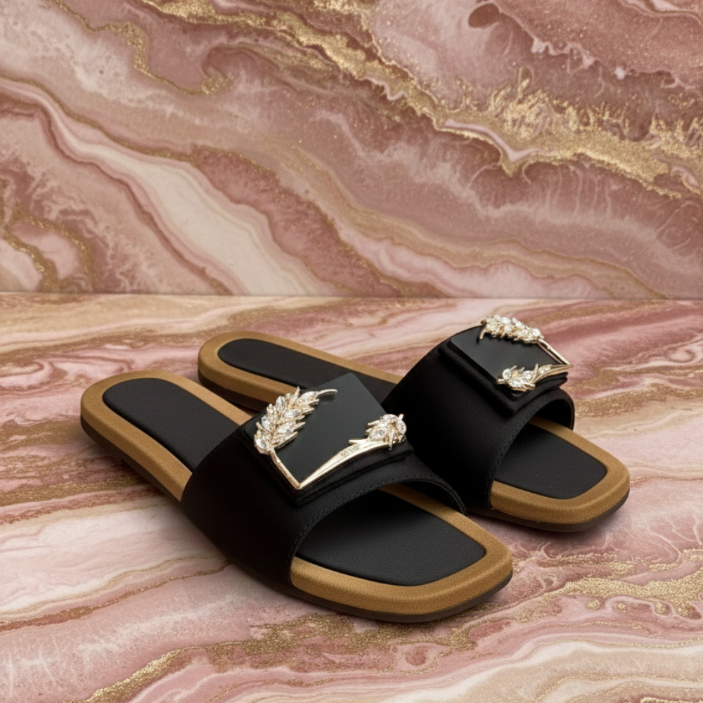 Aurelia Noir Black  Embellished Slide Sandals