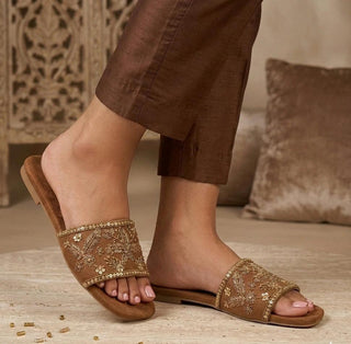 Embroidered Luxe Brown Flats - FLBS - 00032
