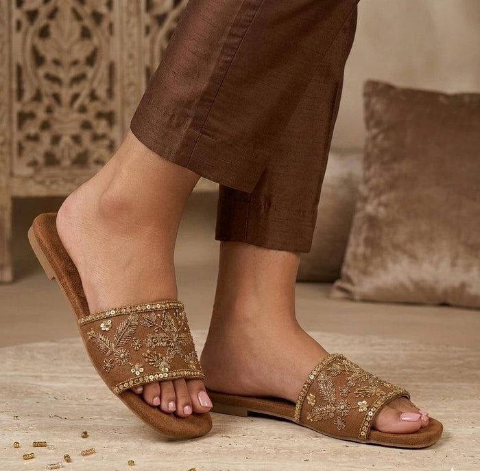 Embroidered Luxe Brown Flats
