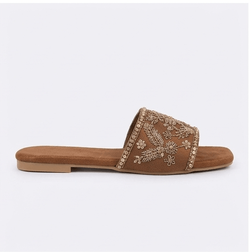 Embroidered Luxe Brown Flats - FLBS - 00032