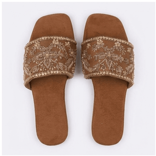 Embroidered Luxe Brown Flats - FLBS - 00032