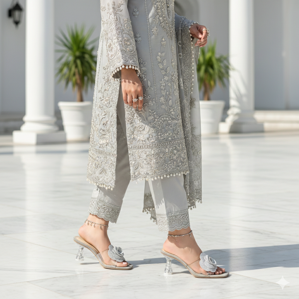 Gray Bloom Transparent Heels