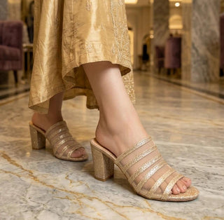 Noir Light Golden Mesh Block Heel . H- 0003